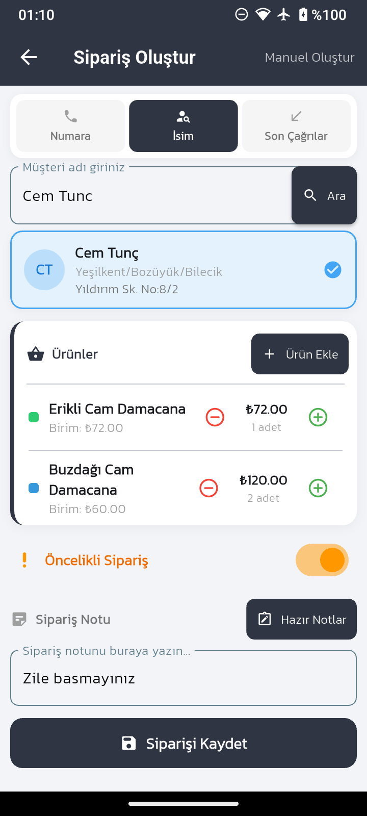 TamSucu sipariş oluşturma