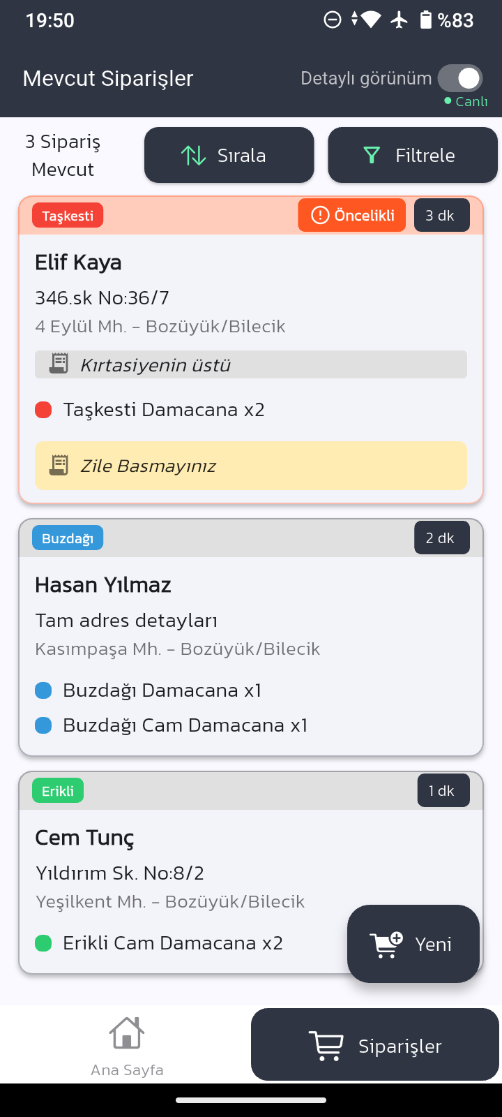TamSucu sipariş listesi ekranı