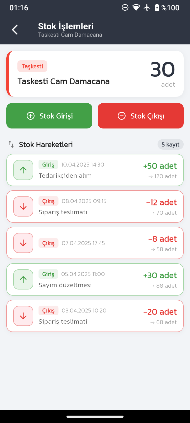 TamSucu stok hareketleri ekranı